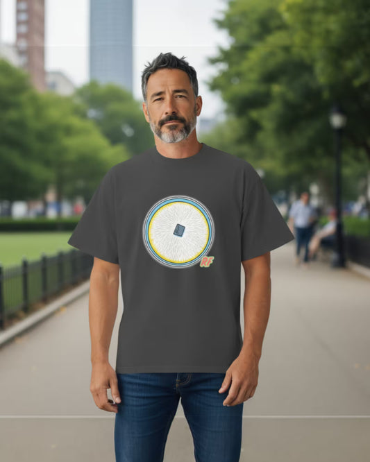 cartoon fully colonized agar culture plate with white mycelium printed on oversized faded t-shirt