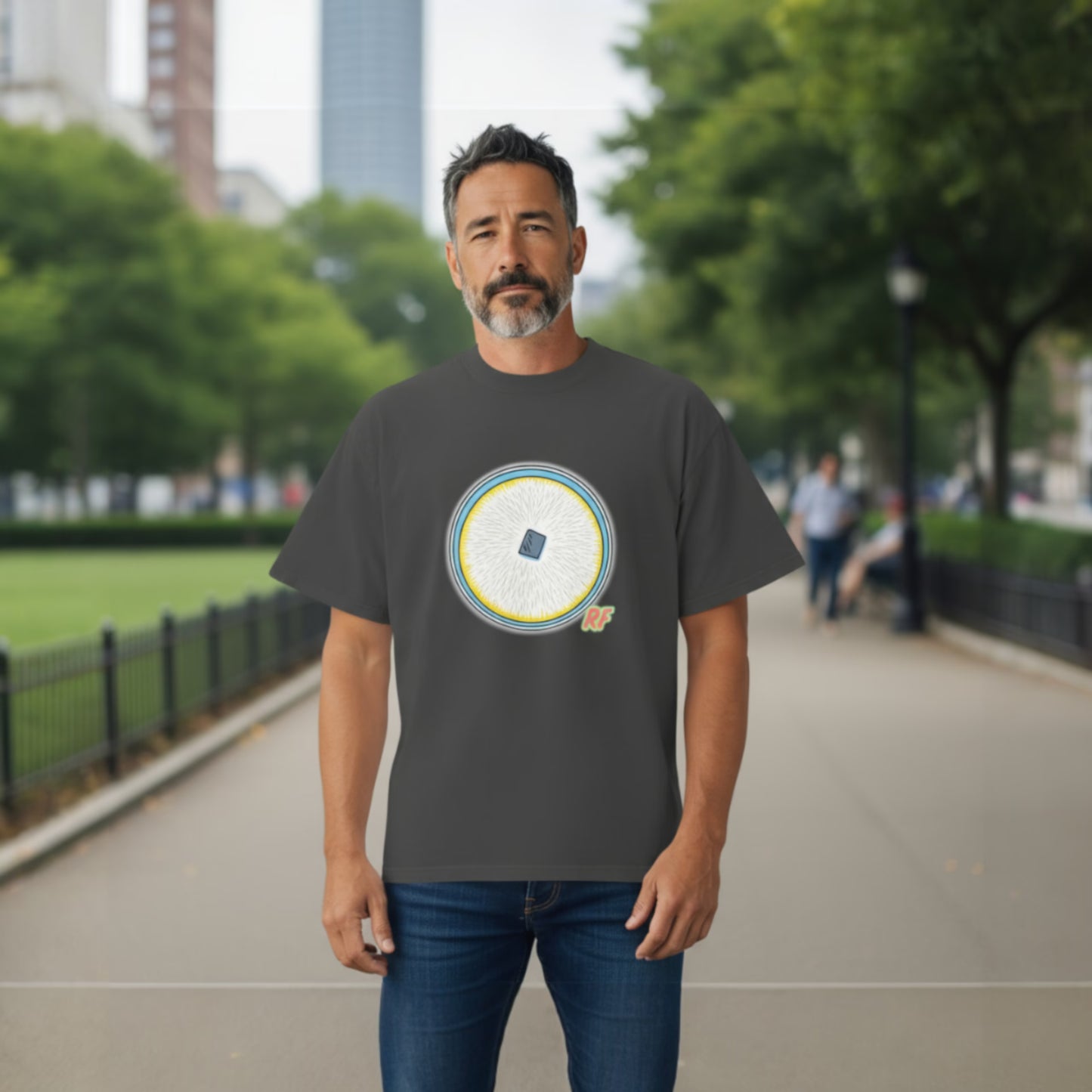 Person wearing graphic of a fully colonized agar culture plate with white mycelium printed on oversized faded black t-shirt with city background