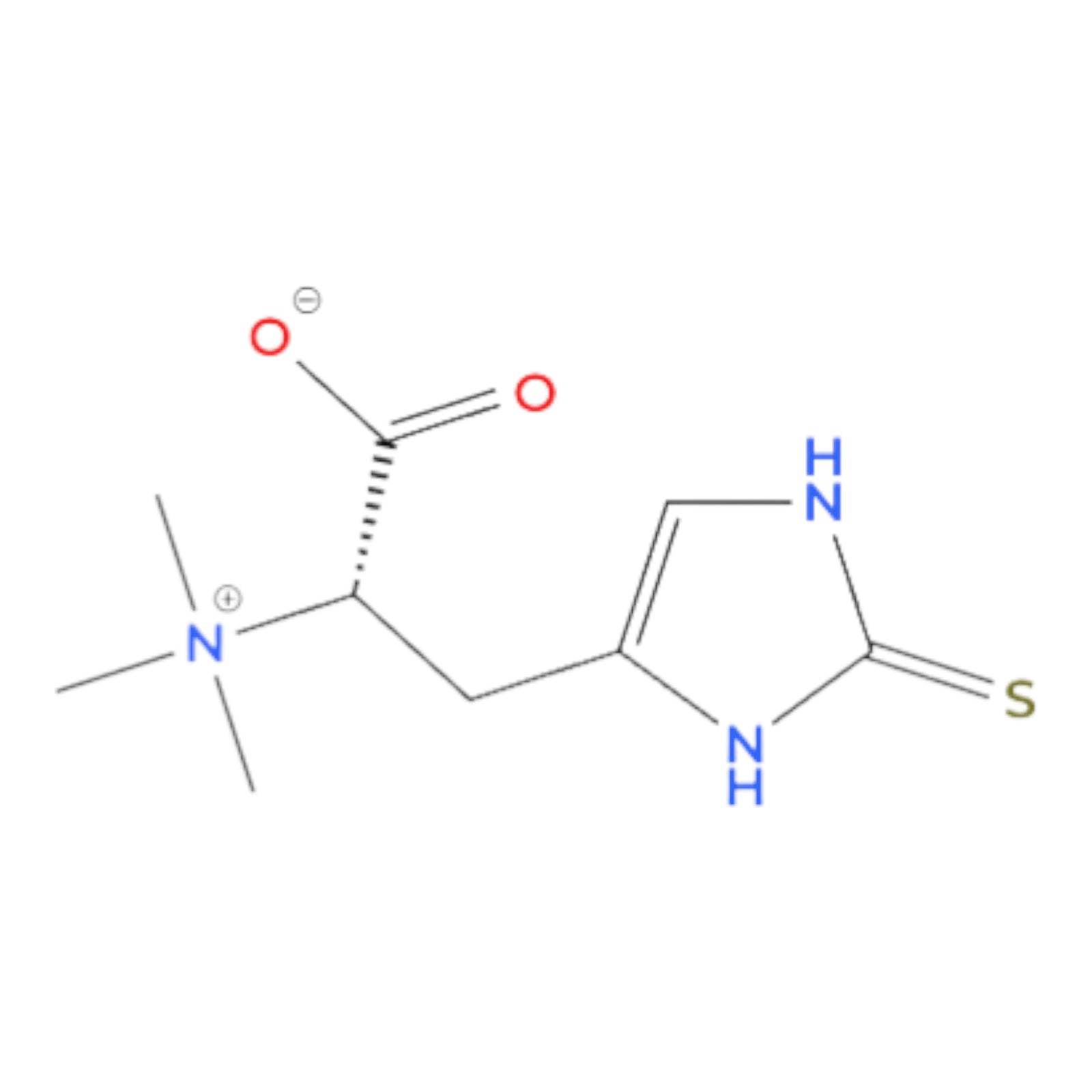Ergothioneine chemical structure diagram of a compound with various atoms and bonds on a white background