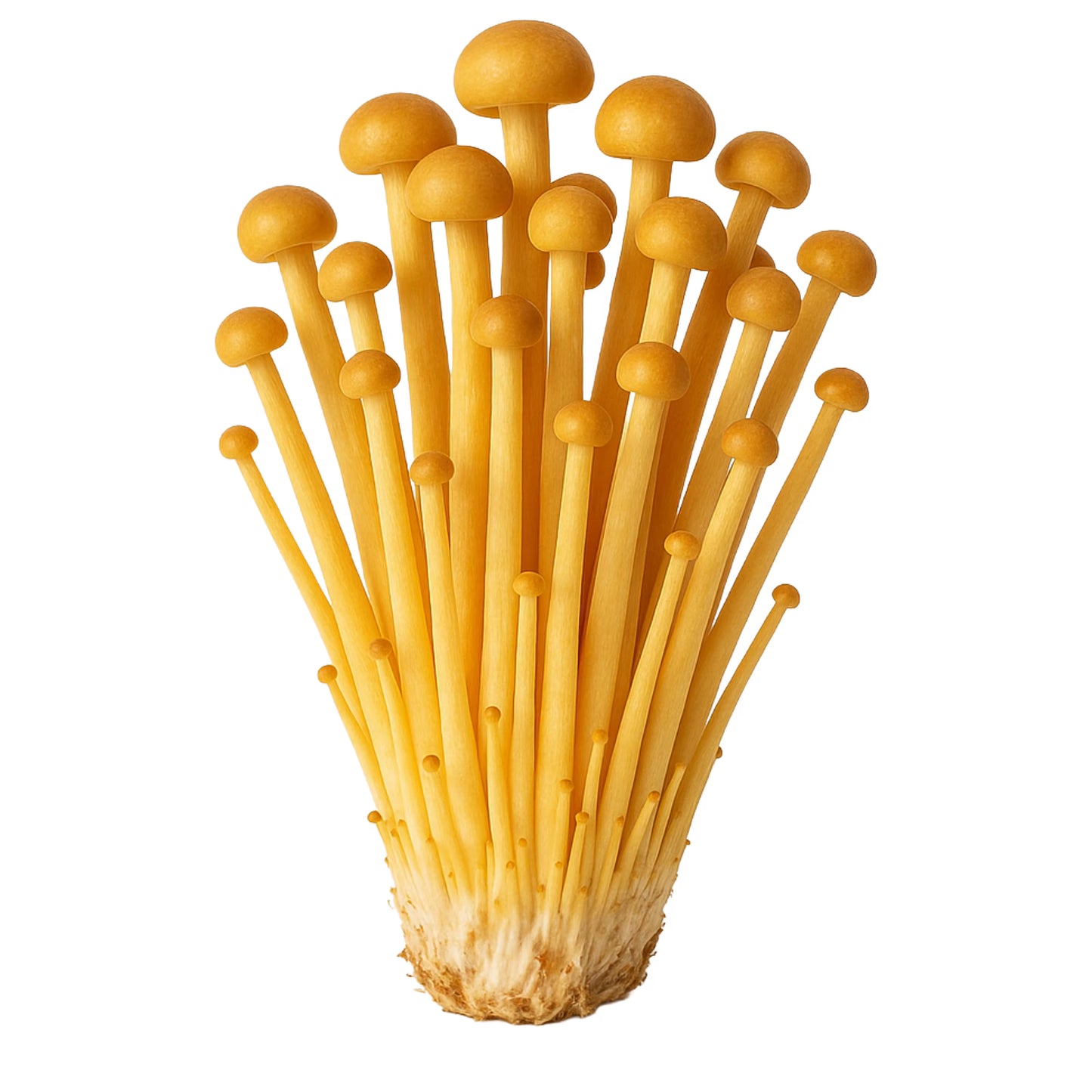 Bunch of Golden Enoki (Flammulina Velutipes) mushrooms on a white background