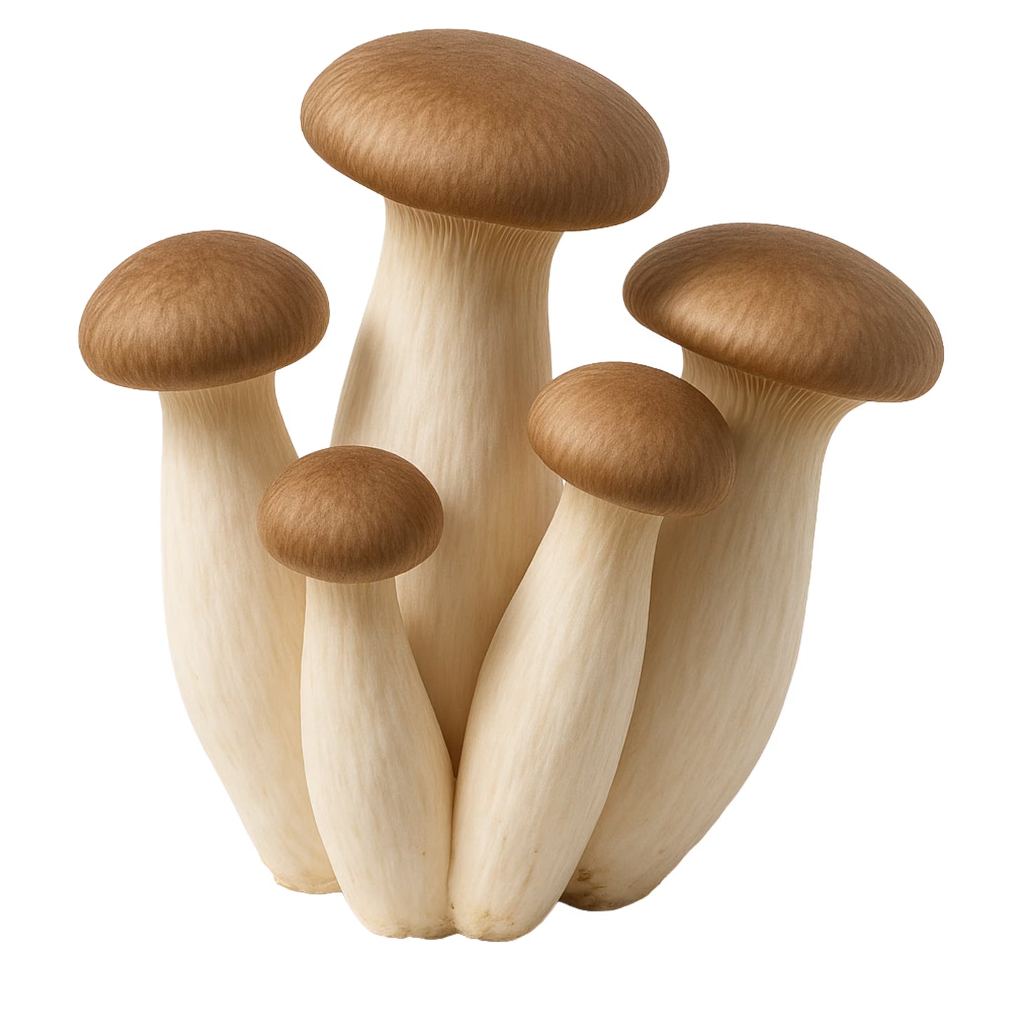 Close-up of a cluster of King Oyster (Pleurotus Eryngii) mushrooms on a white background