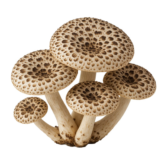 Cluster of Tiger Sawgill (Lentinus tigrinus) mushrooms with patterned caps on a white background
