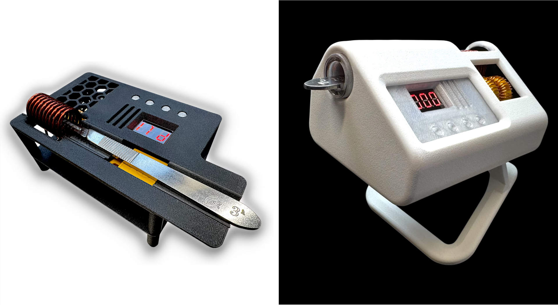 Two automatic induction sterilizers used for mycology side by side one black with white background and one white with black background
