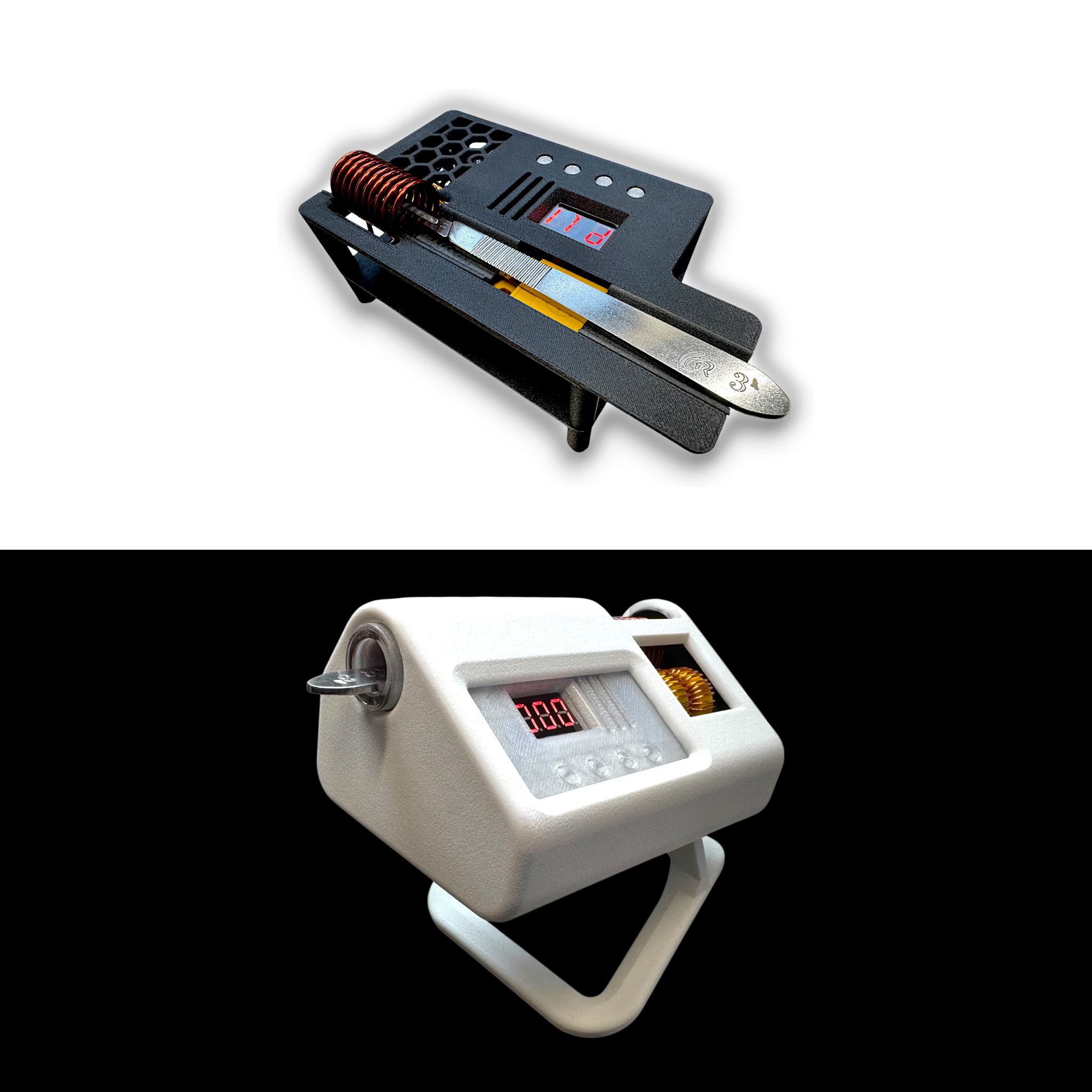 Two automatic induction sterilizers used for mycology side by side one black with white background and one white with black background