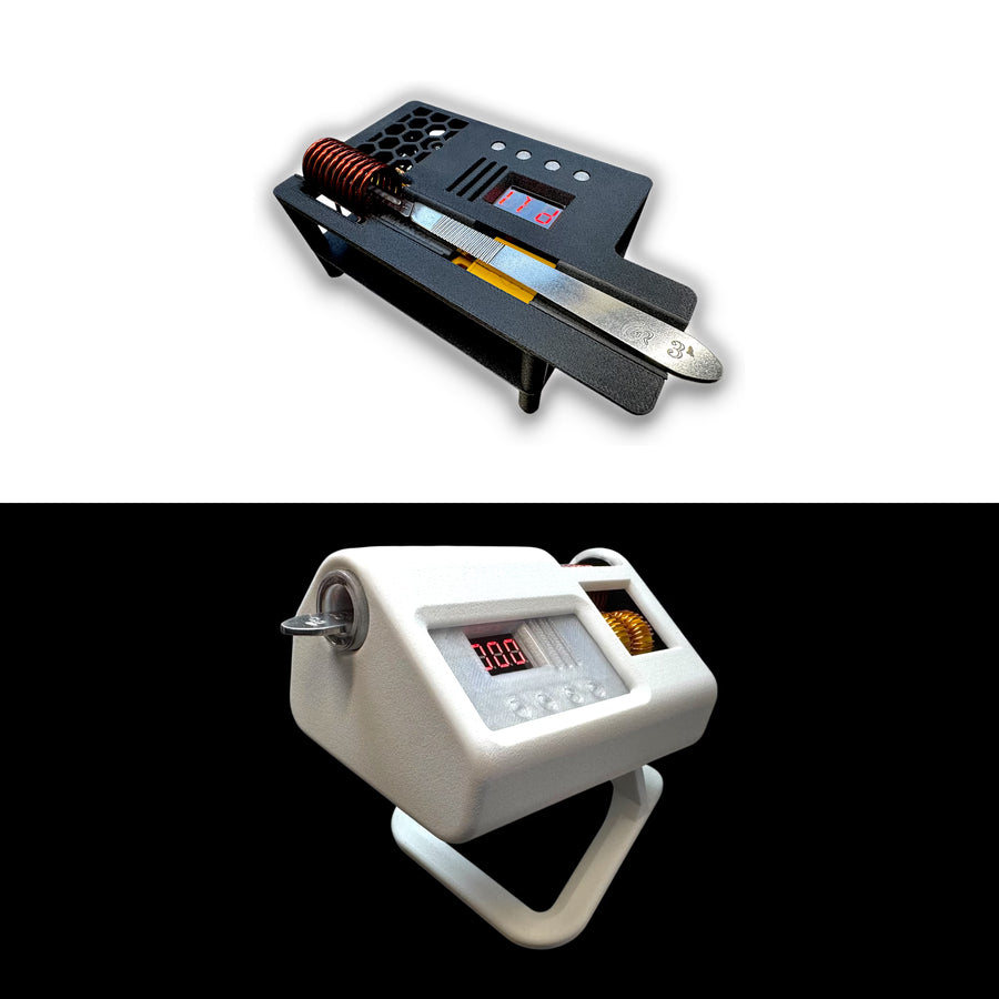 Two automatic induction sterilizers used for mycology side by side one black with white background and one white with black background