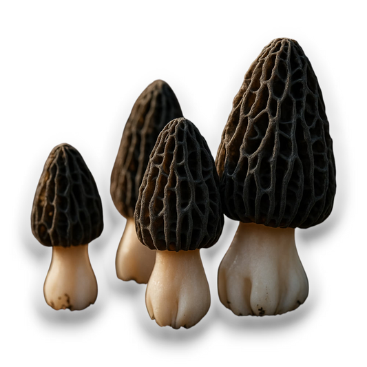 Close-up of a cluster of Black Morel (Morchella Importuna) mushrooms on a white background.