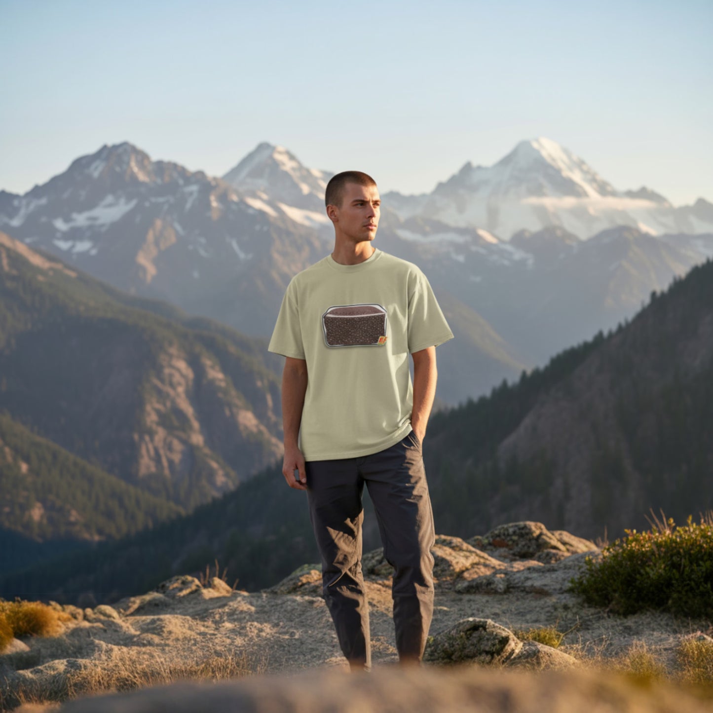Male model wearing CVG TEK t-shirt with mountain background