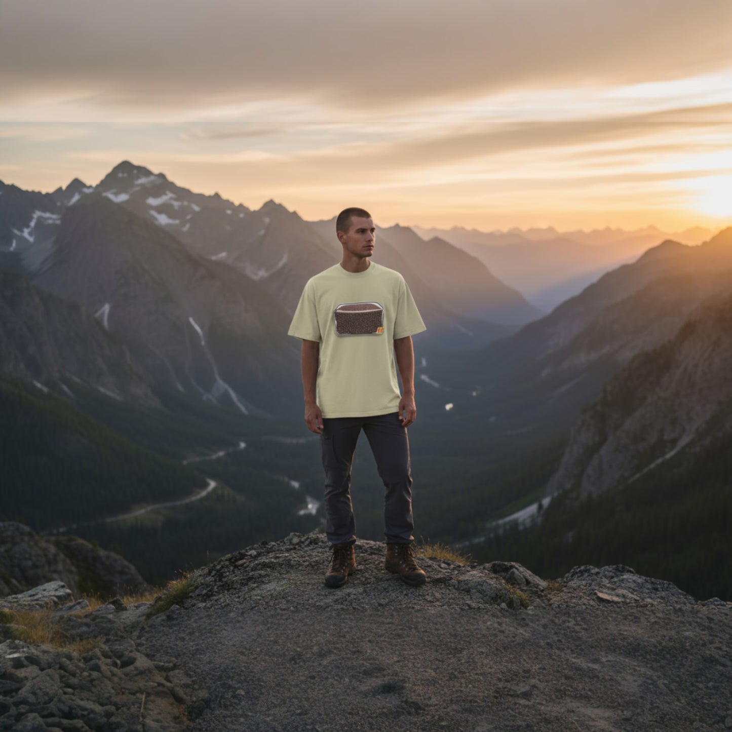 Male model wearing CVG TEK t-shirt with mountain background