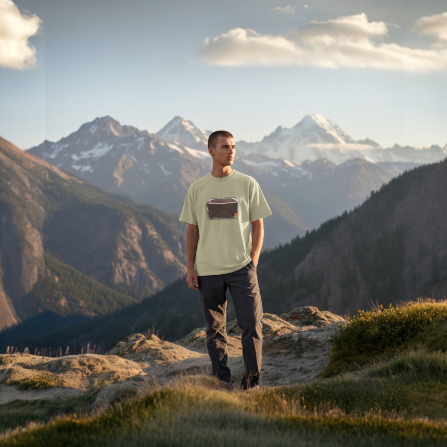 Male model wearing CVG TEK t-shirt with mountain background