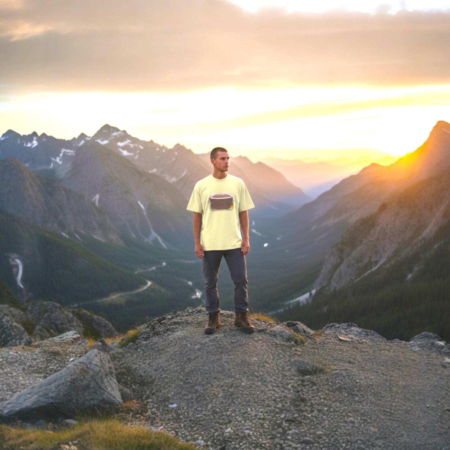 Male model wearing CVG TEK t-shirt with mountain background