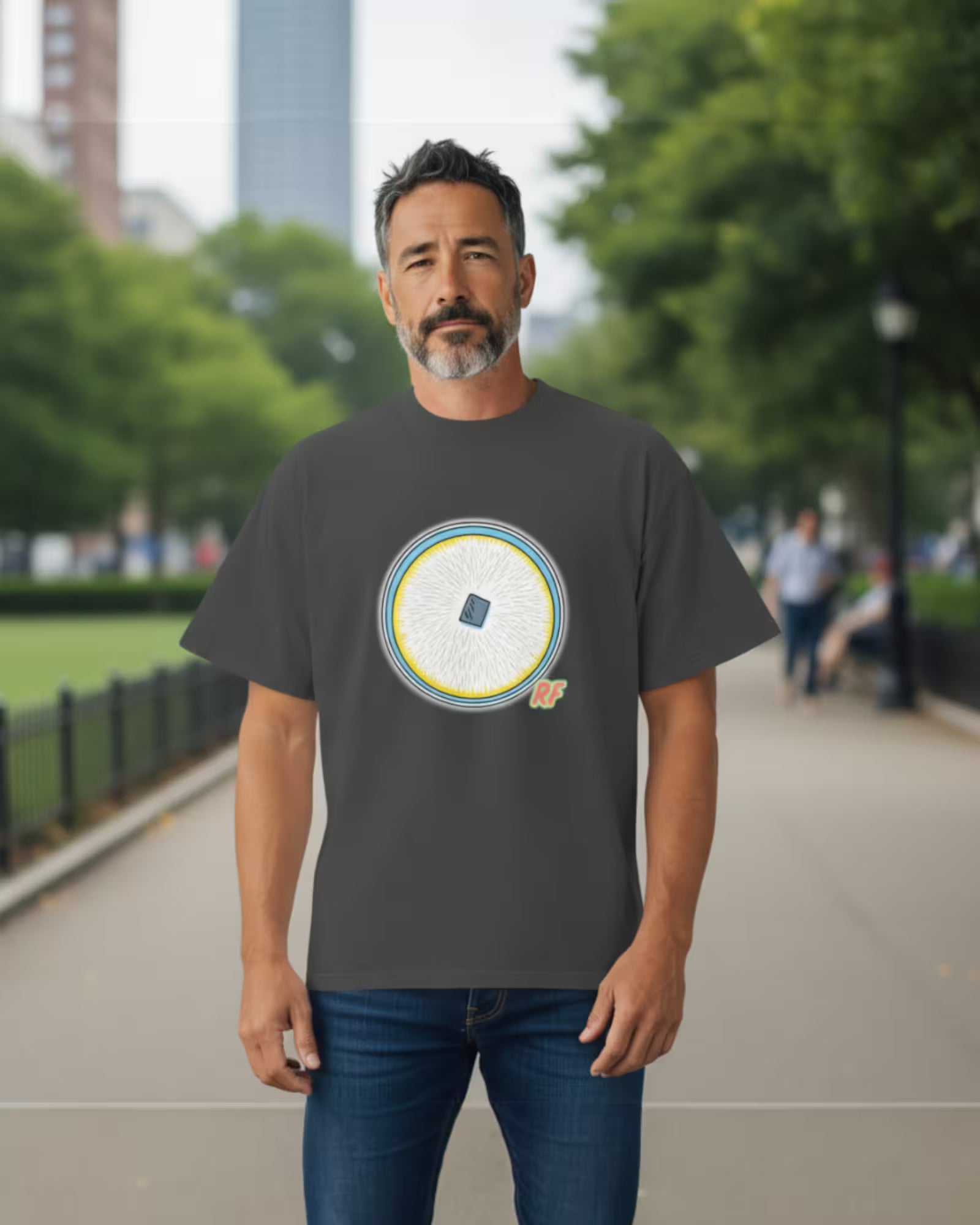 cartoon fully colonized agar culture plate with white mycelium printed on oversized faded t-shirt
