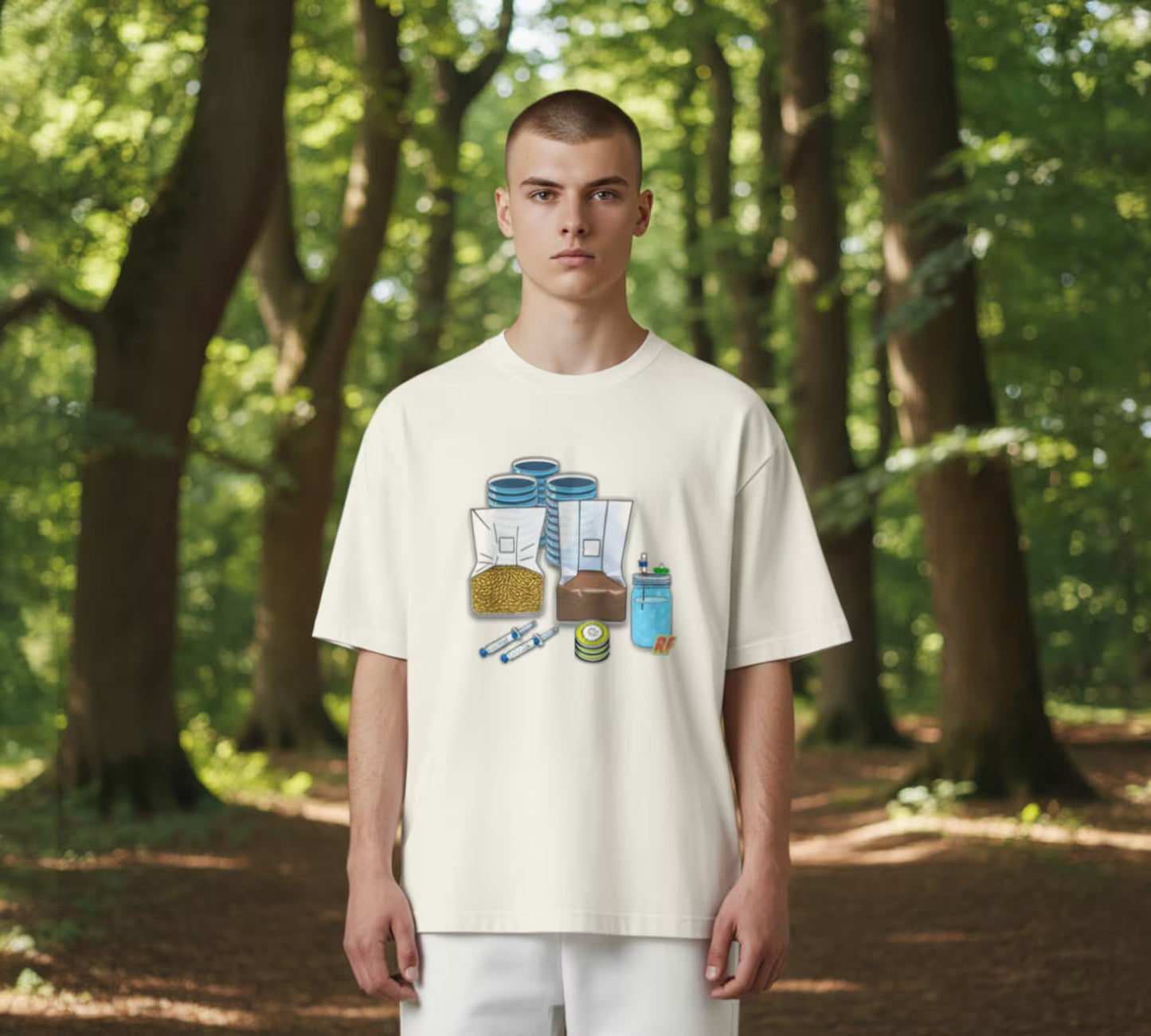 cartoon collage of mushroom growing supplies including agar plates, liquid culture syringe, LC jar, grain spawn bag, and substrate bag printed on oversized faded t-shirt