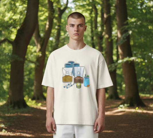 cartoon collage of mushroom growing supplies including agar plates, liquid culture syringe, LC jar, grain spawn bag, and substrate bag printed on oversized faded t-shirt