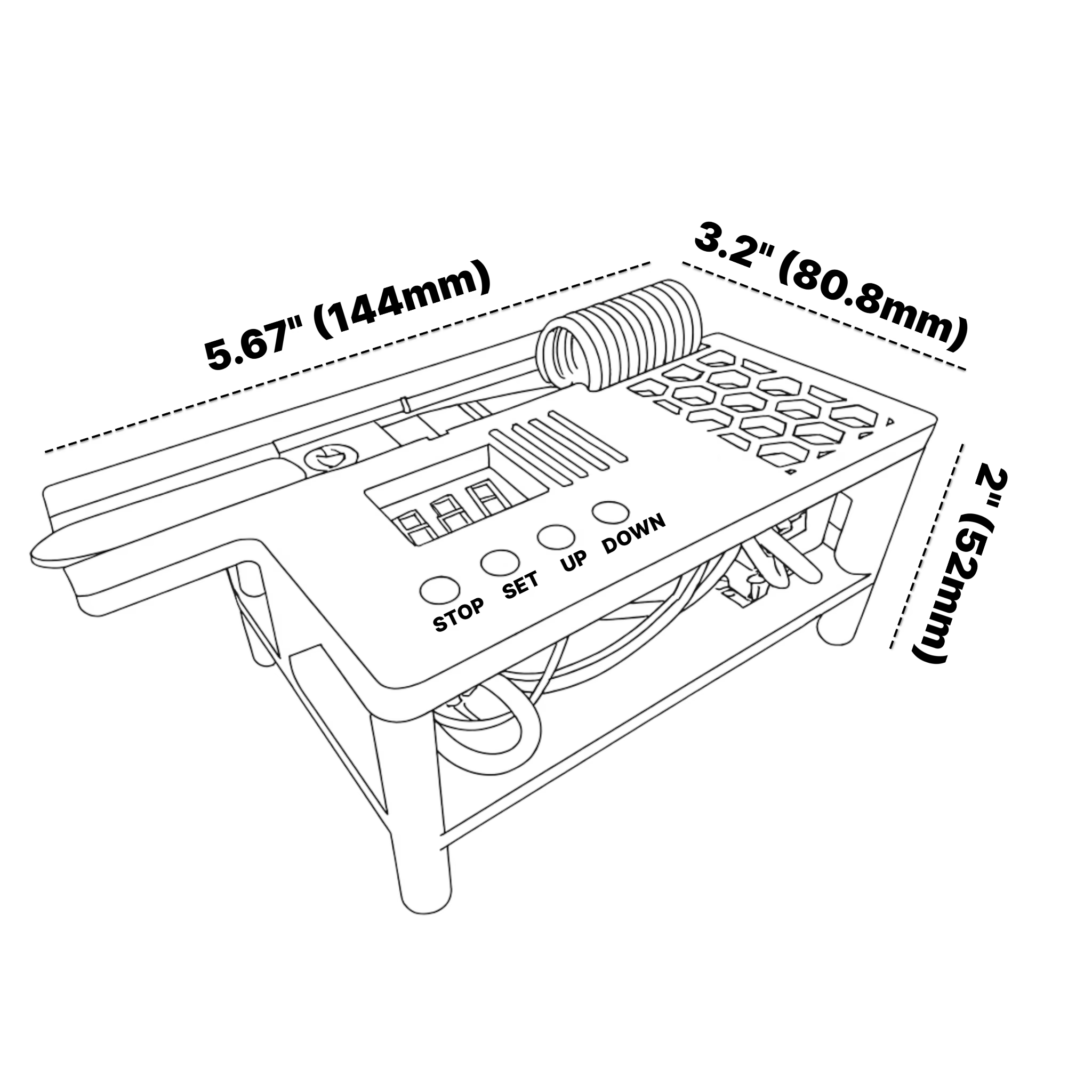 Black and white drawing of an automatic induction sterilizer with product dimensions