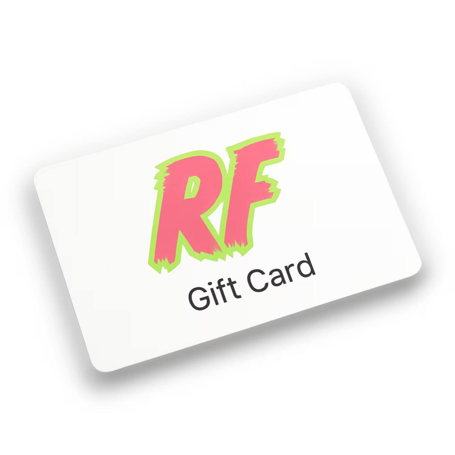 Gift card with 'RF' in pink and green on a white background