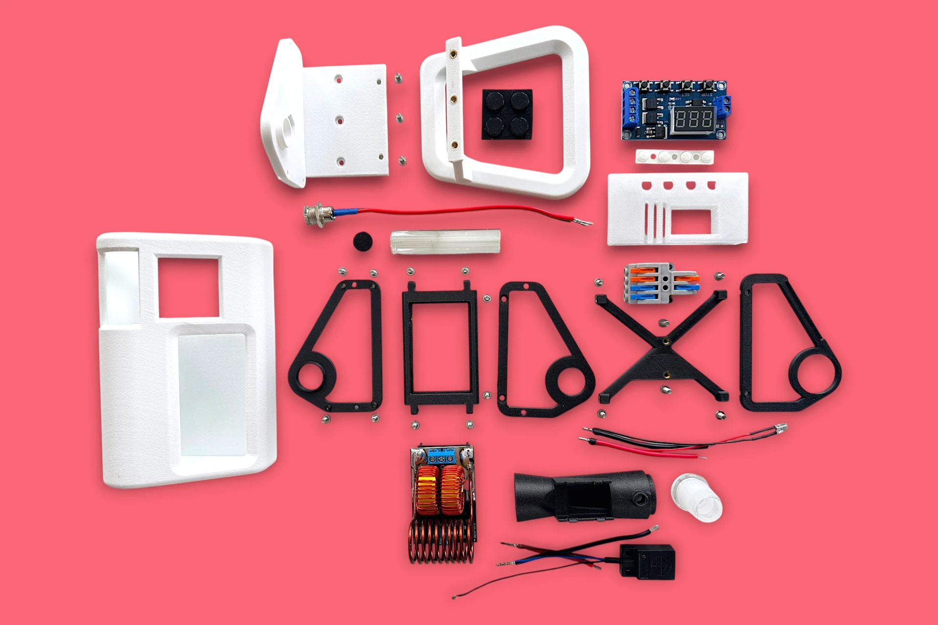 A photo of all the internal parts and pieces of a white mycology and lab tool sterilizer on a white gradient background