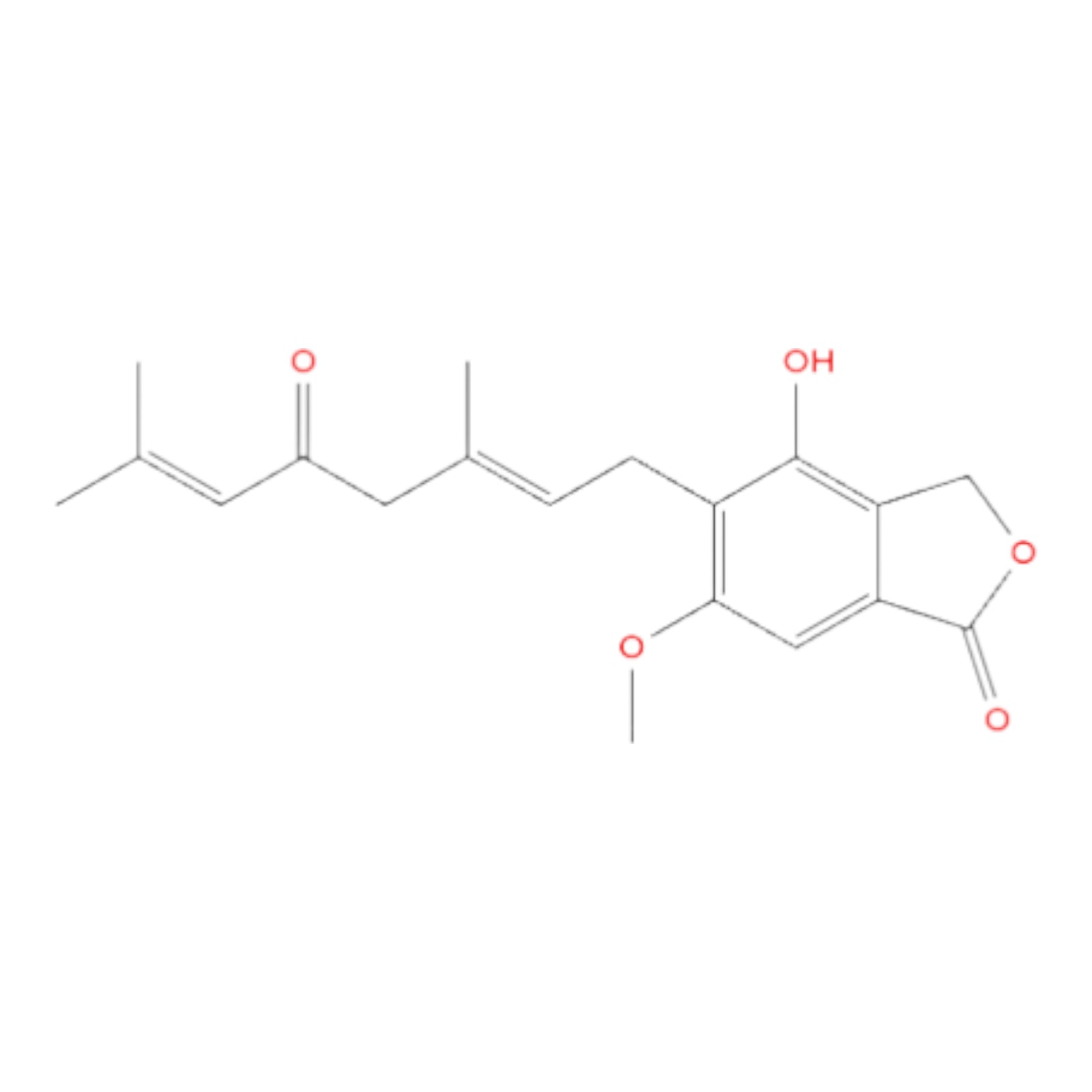 Hericenones chemical structure diagram of a compound with carbon, hydrogen, and oxygen atoms on a white background.