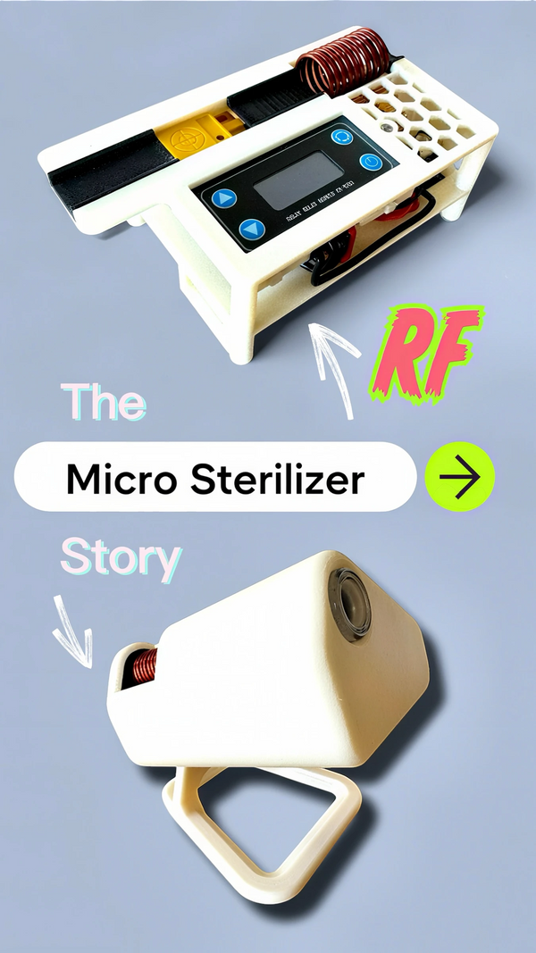 Micro sterilizer with 'RF' and 'The Micro Sterilizer Story' text on a gray background