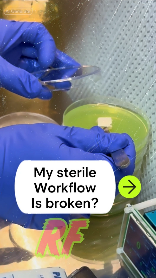 Person wearing blue gloves transferring a culture onto green agar, text overlay questioning sterile workflow.