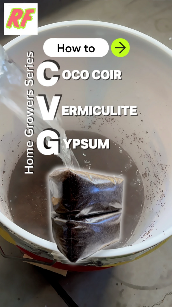 Container with hot to make CVG coco coir, vermiculite, and gypsum with text overlay on a home growers series theme.
