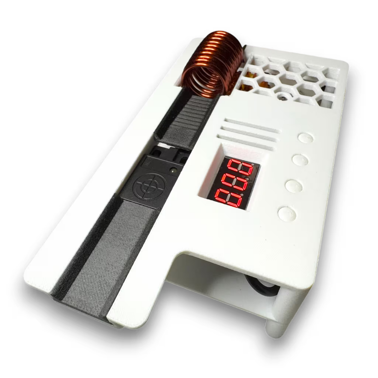 White automatic induction sterilizer with digital display and coil on a white background