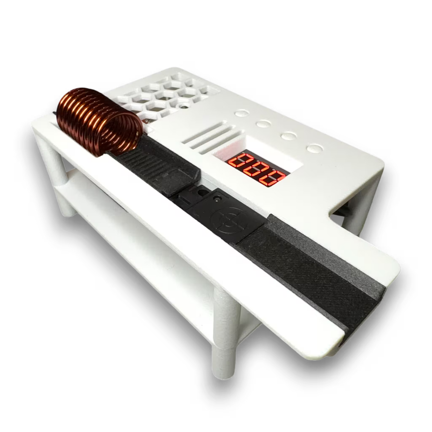 White automatic induction sterilizer with a copper coil, instrument tray and digital display with four buttons on a white background