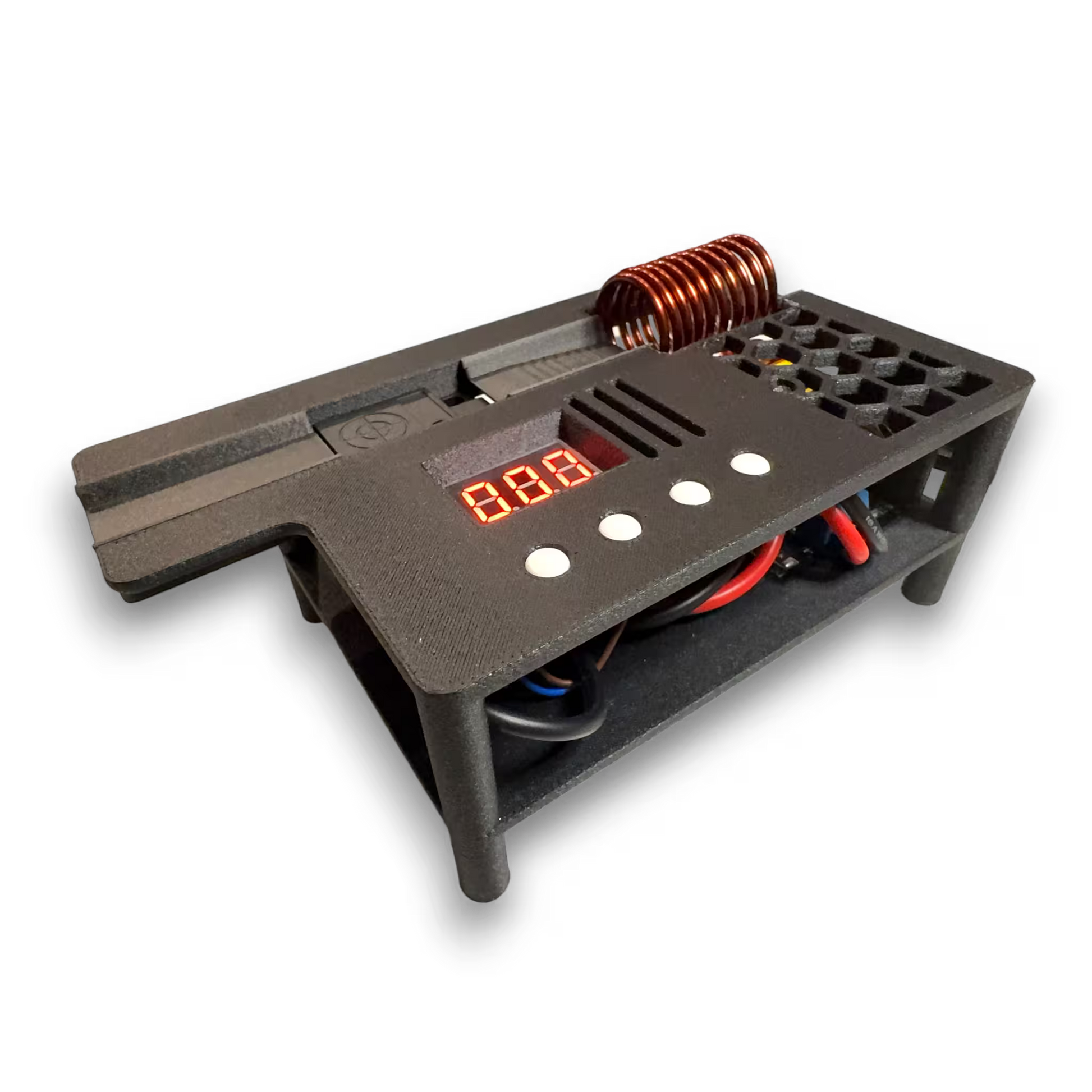 Black Automatic induction sterilizer  with digital display and coils and tool tray on a black background