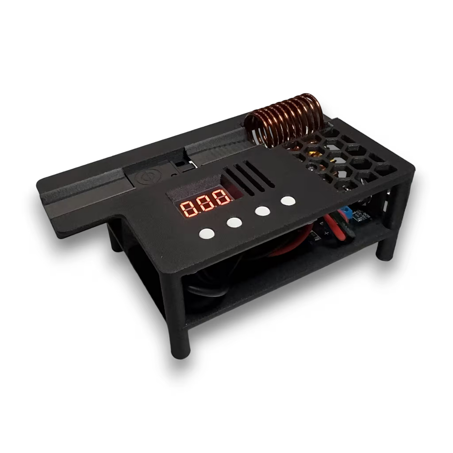 Black induction sterilizer with digital display, tool tray, and copper coil on a black background