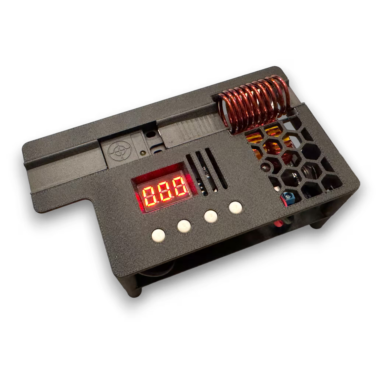 Black induction sterilizer with digital display, copper coil, proximity sensor, and tool tray on a white background