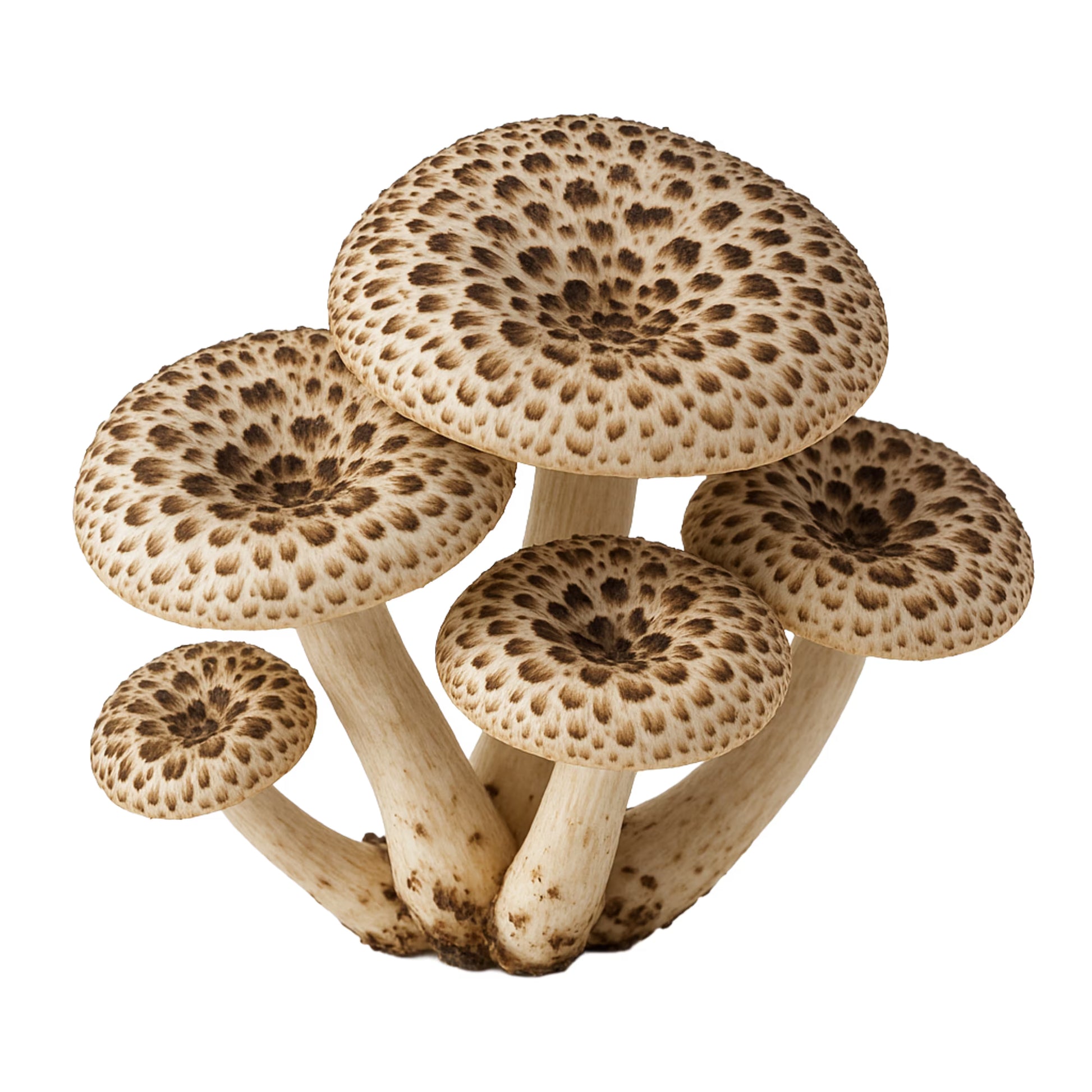 Cluster of Tiger Sawgill (Lentinus tigrinus) mushrooms with patterned caps on a white background