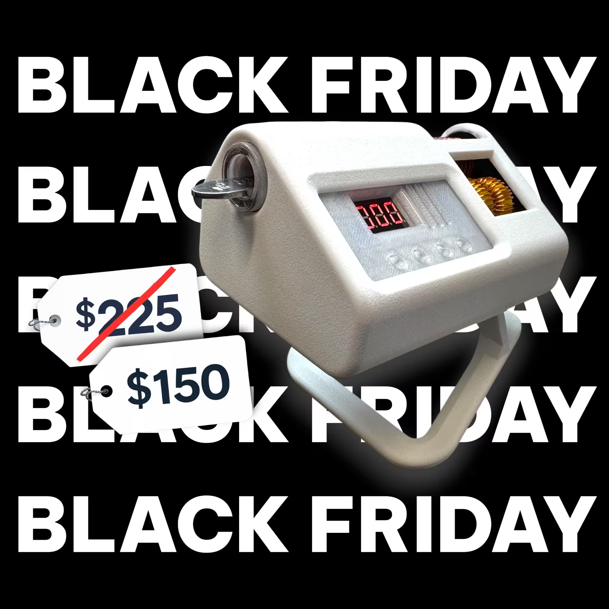 White induction sterilizer with digital display on a black background with 'Black Friday' text and price tags.
