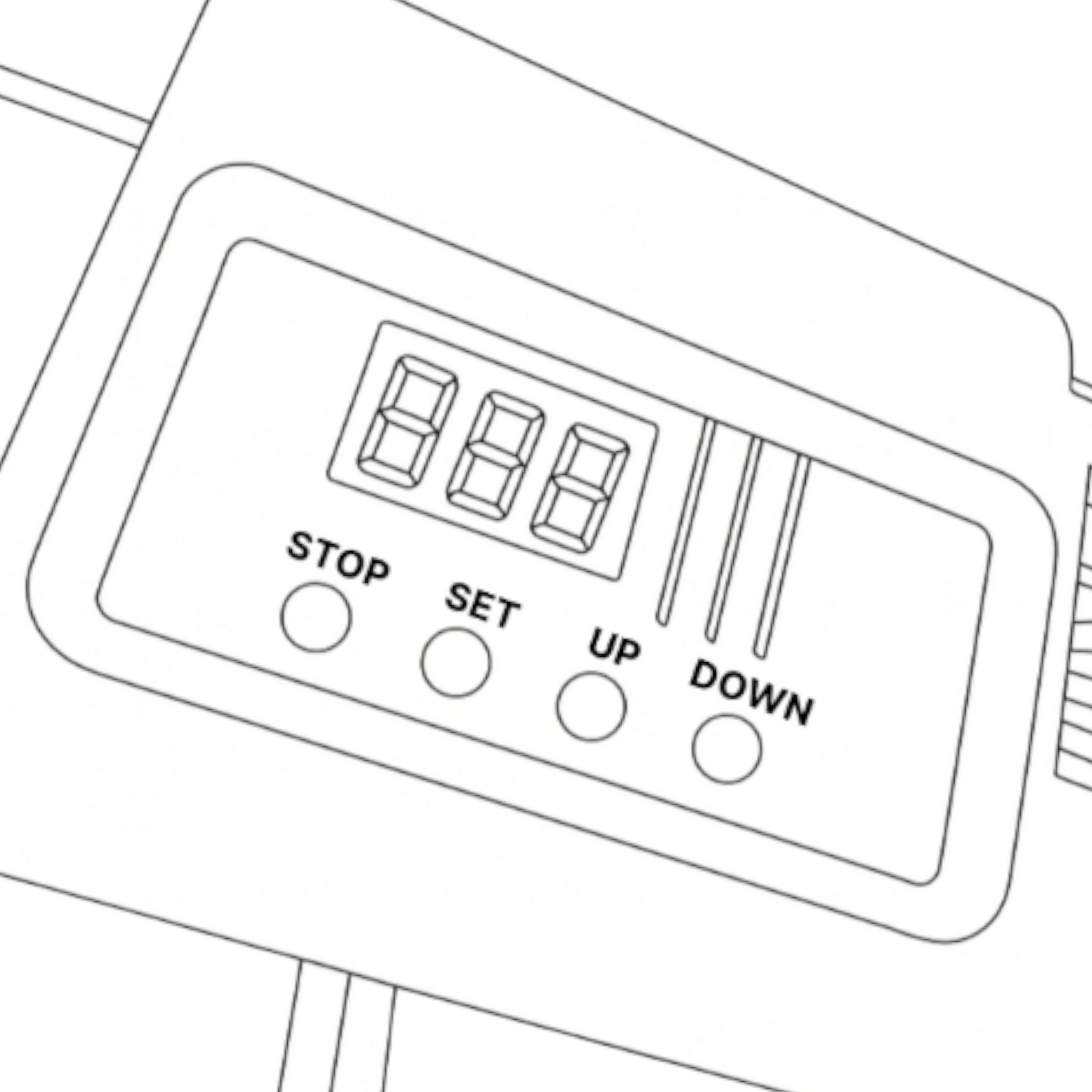 Black and white line drawing of a time delay relay controller with digital display and labeled buttons.