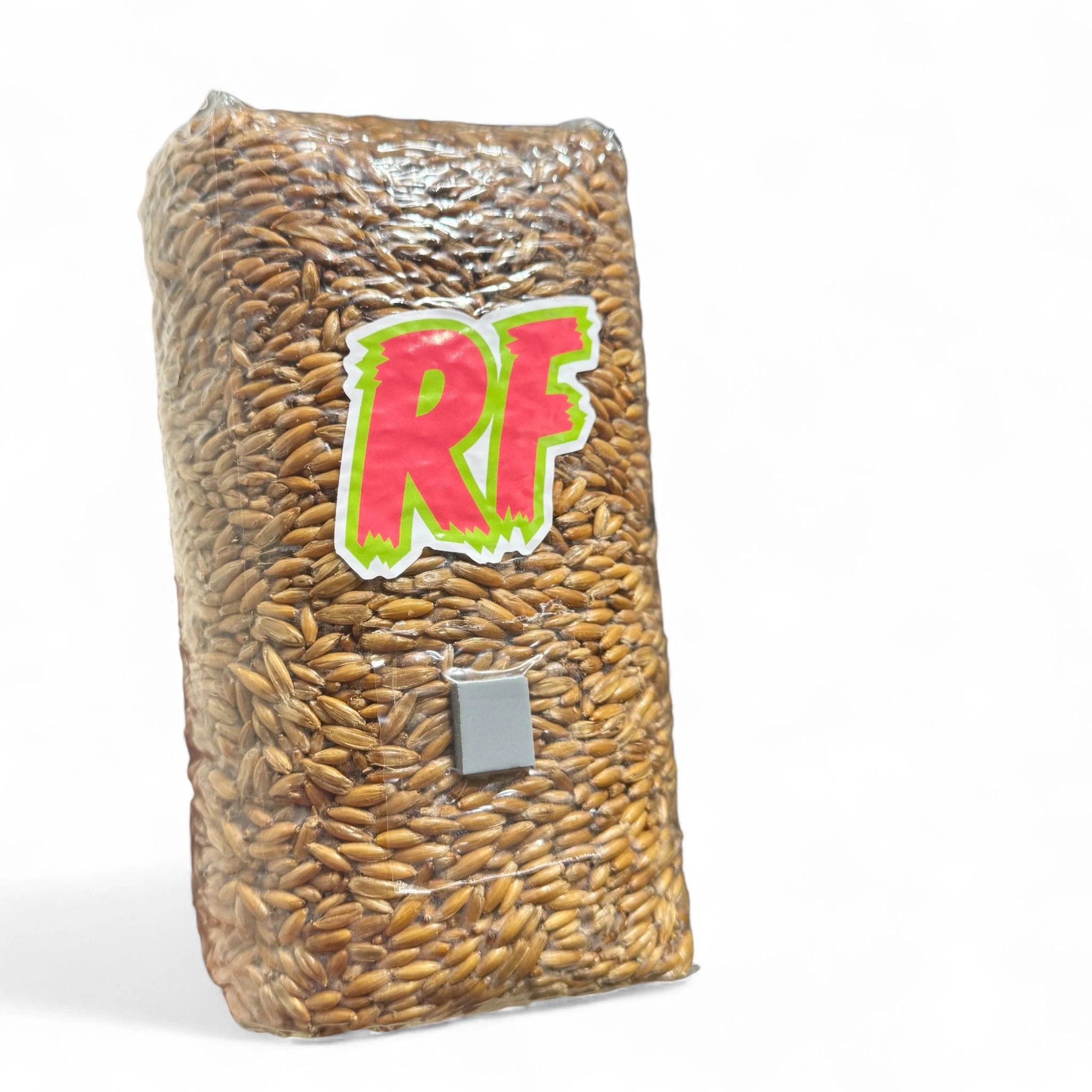 Bag of sterilized grain with 'RF' logo on a white background