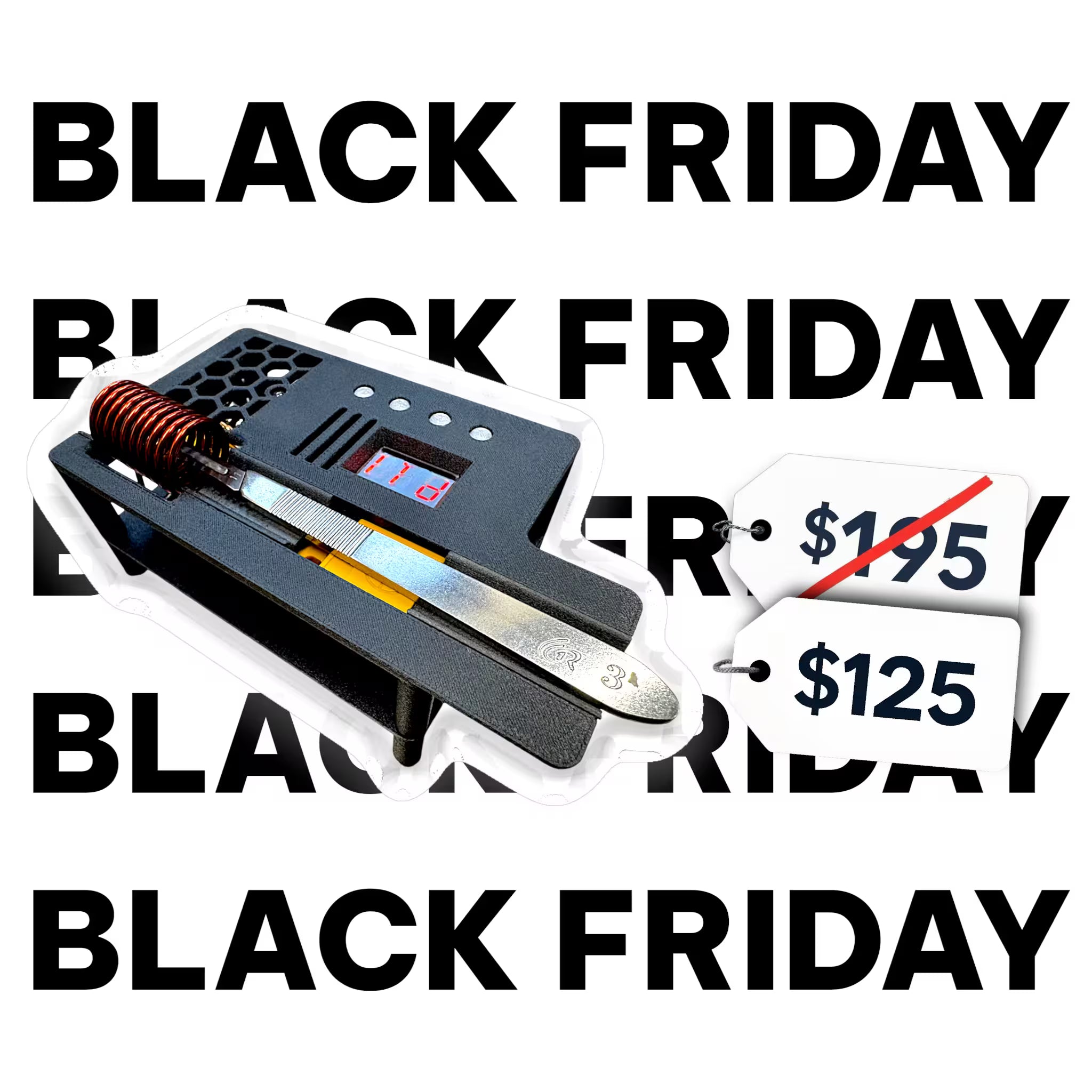 Black Friday sale advertisement with a Induction Sterilizer and price tag on a white background