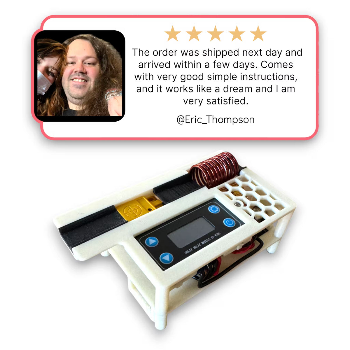 Product with a five-star rating and customer review on a white background