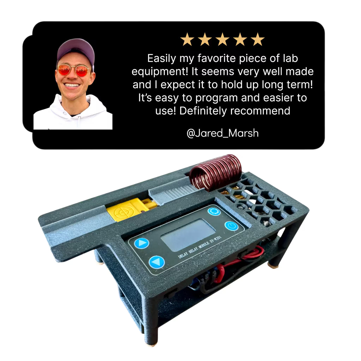 Micro Sterilizer with a five-star rating and review text overlay on a white background