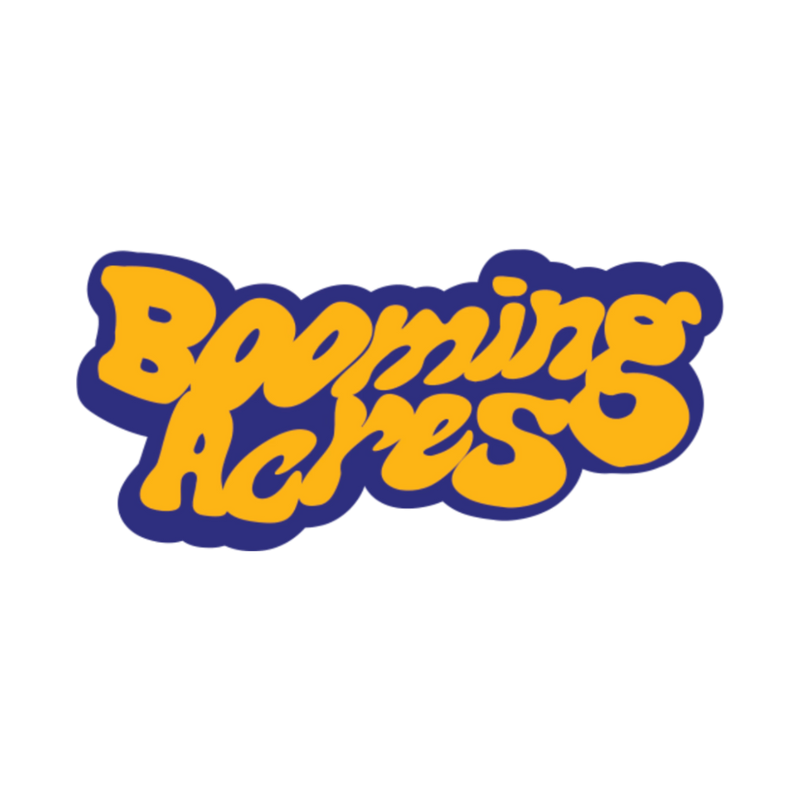 Booming Acres logo with yellow text on a black background
