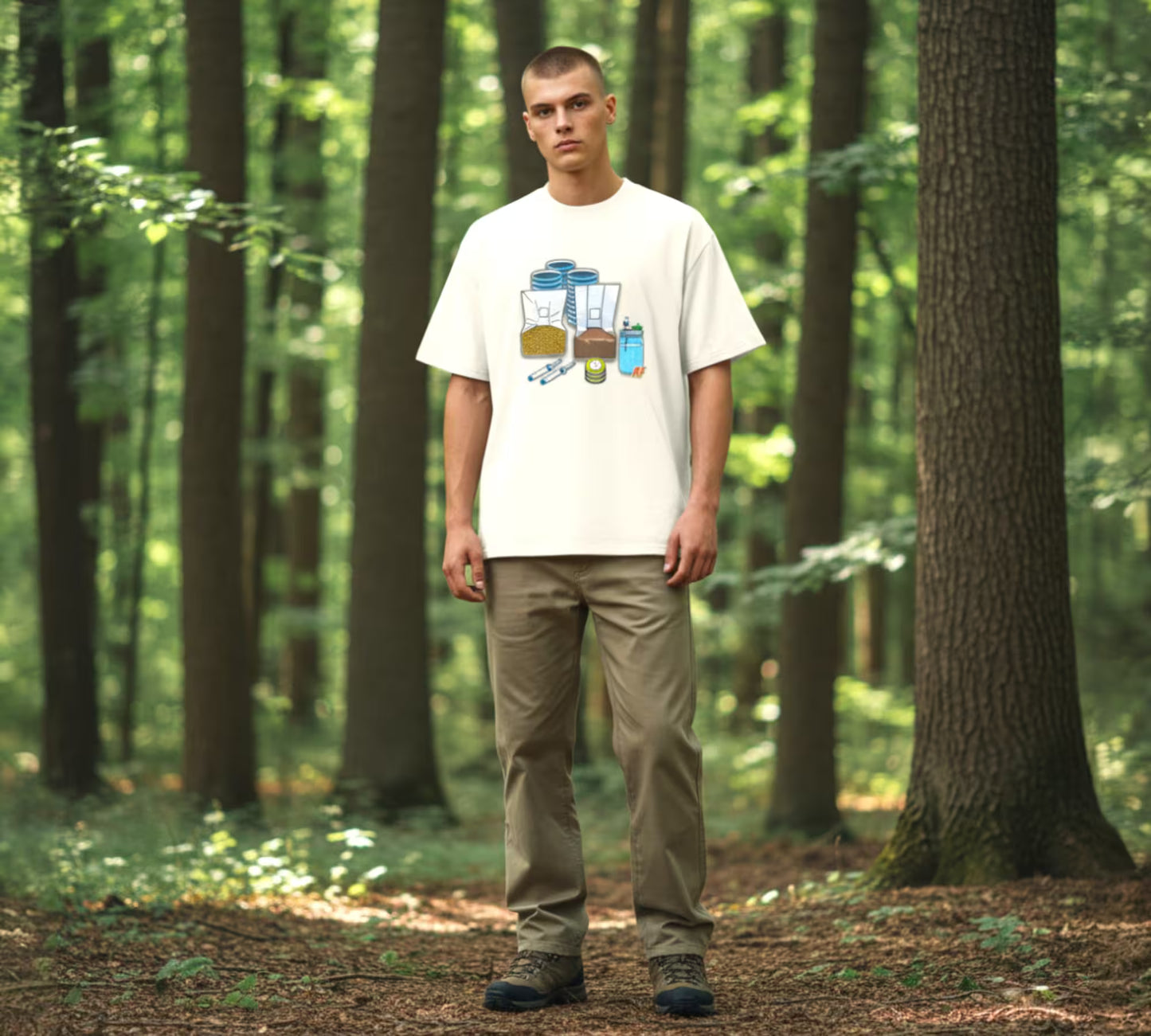 cartoon collage of mushroom growing supplies including agar plates, liquid culture syringe, LC jar, grain spawn bag, and substrate bag printed on oversized faded t-shirt