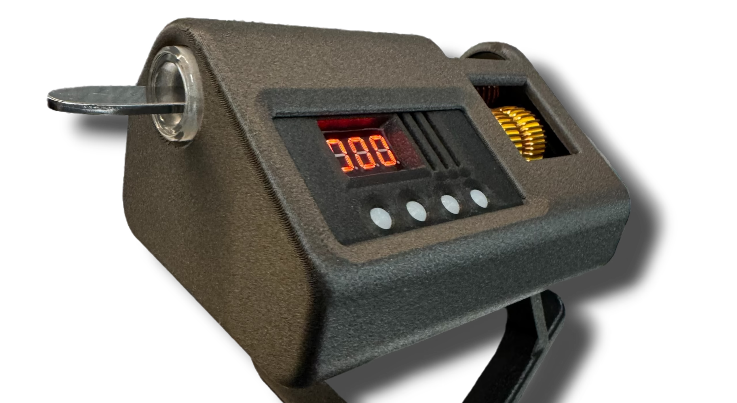 Black automated induction sterilizer for mycology with sterilized scalpel, digital display and control buttons on a clear background