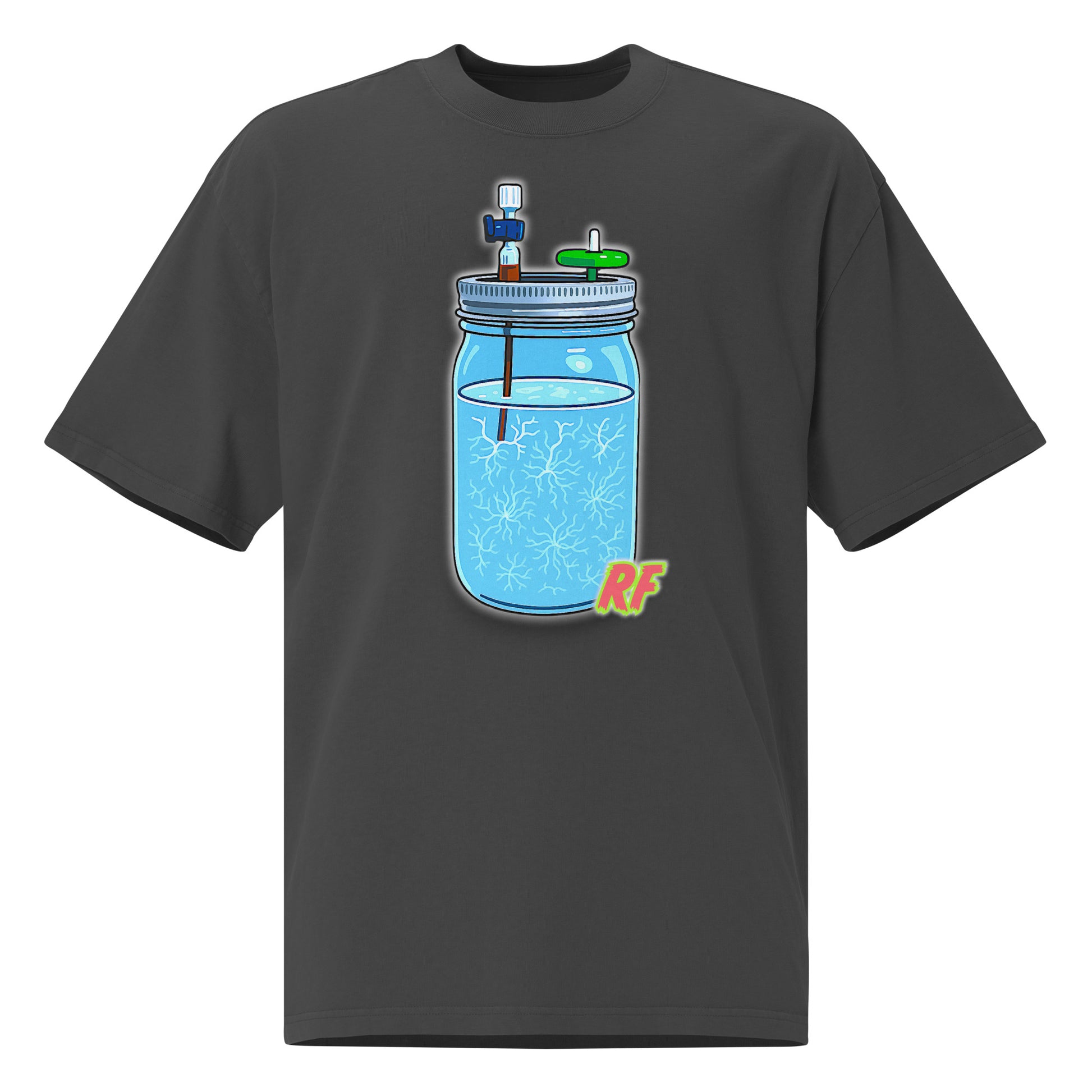 Black t-shirt with a graphic of a mason jar with water and a straw on a white background