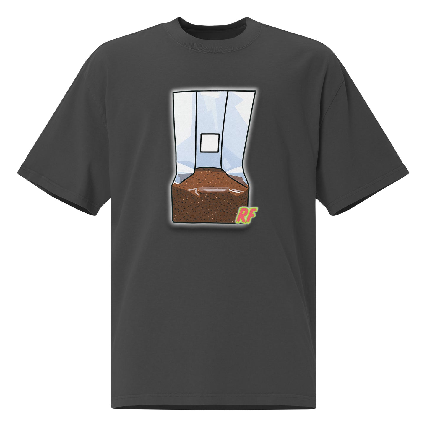 Black t-shirt with a graphic of a coffee filter and ground coffee on a white background