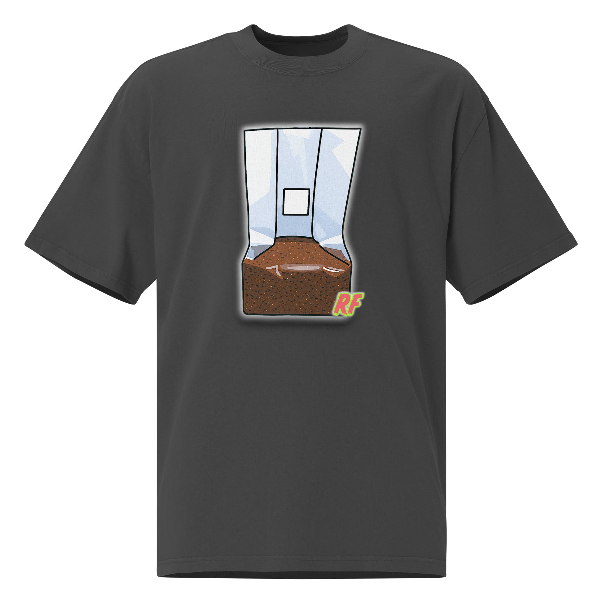 Black t-shirt with a graphic of a coffee filter and ground coffee on a white background