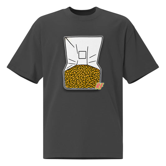Black t-shirt with a graphic of a bag of chips on a white background