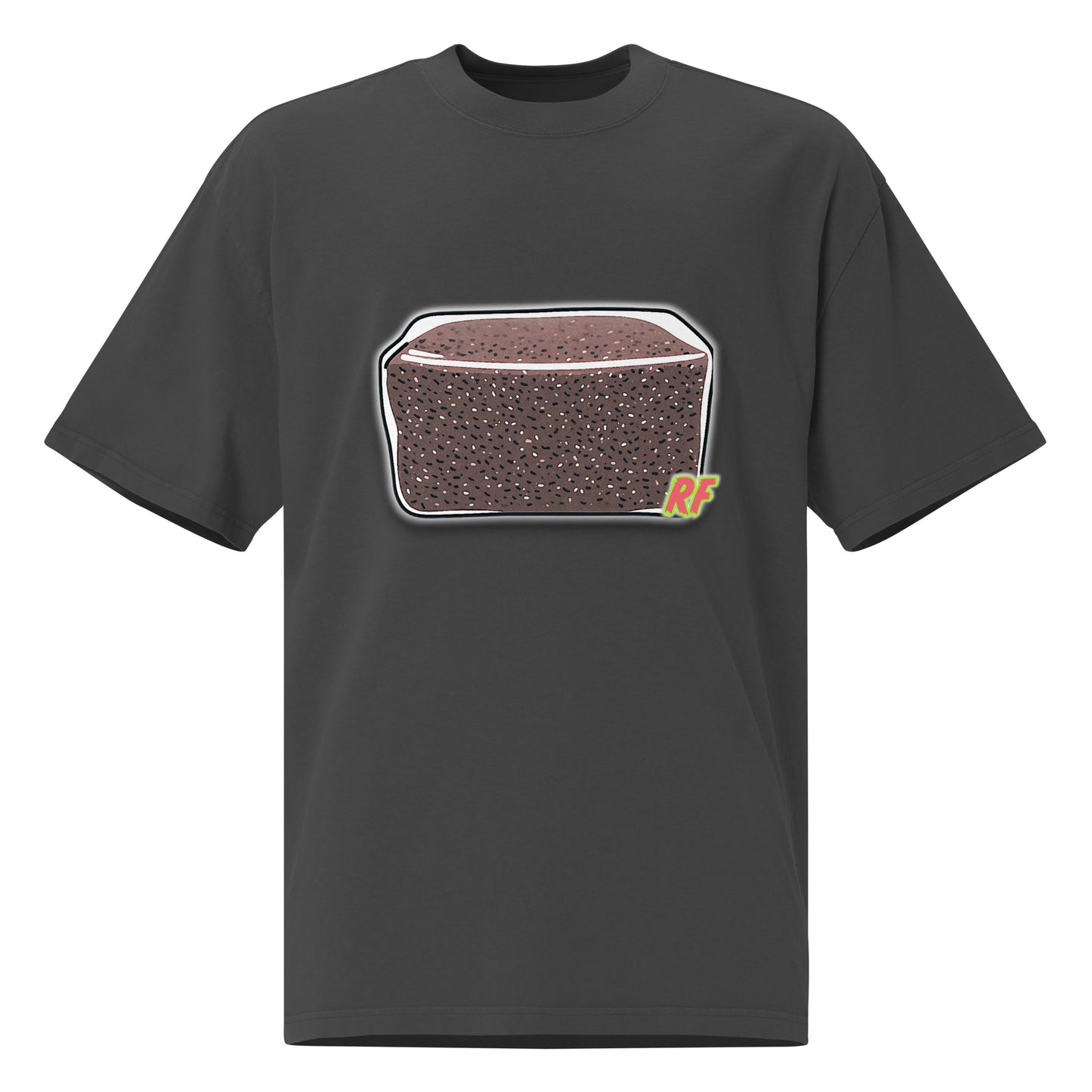 Black t-shirt with a graphic of a loaf of bread on a white background
