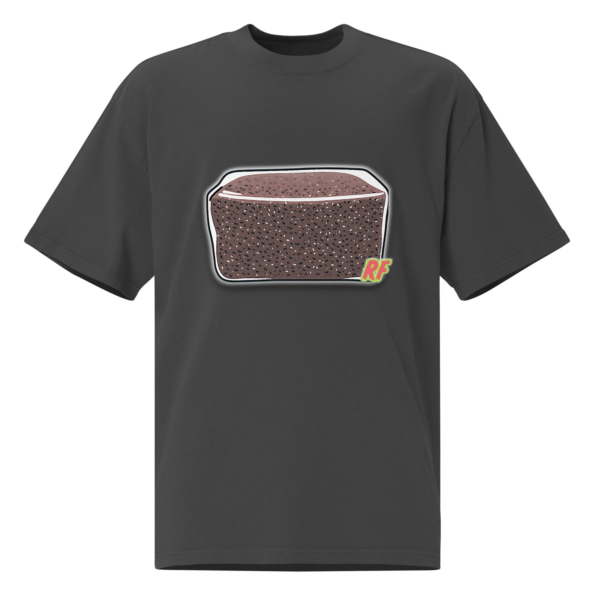 Black t-shirt with a graphic of a loaf of bread on a white background