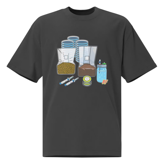 cartoon collage of mushroom growing supplies including agar plates, liquid culture syringe, LC jar, grain spawn bag, and substrate bag printed on oversized faded t-shirt