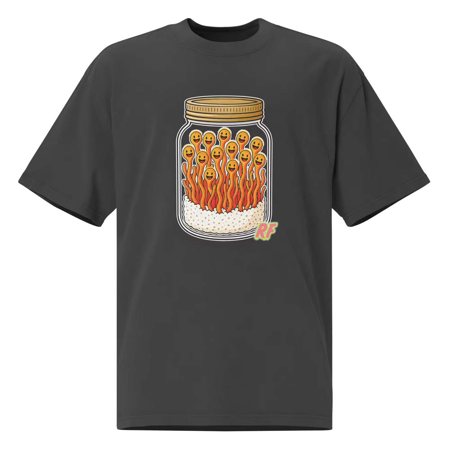 cartoon jar of orange cordyceps mushrooms with smiling faces printed on oversized faded t-shirt