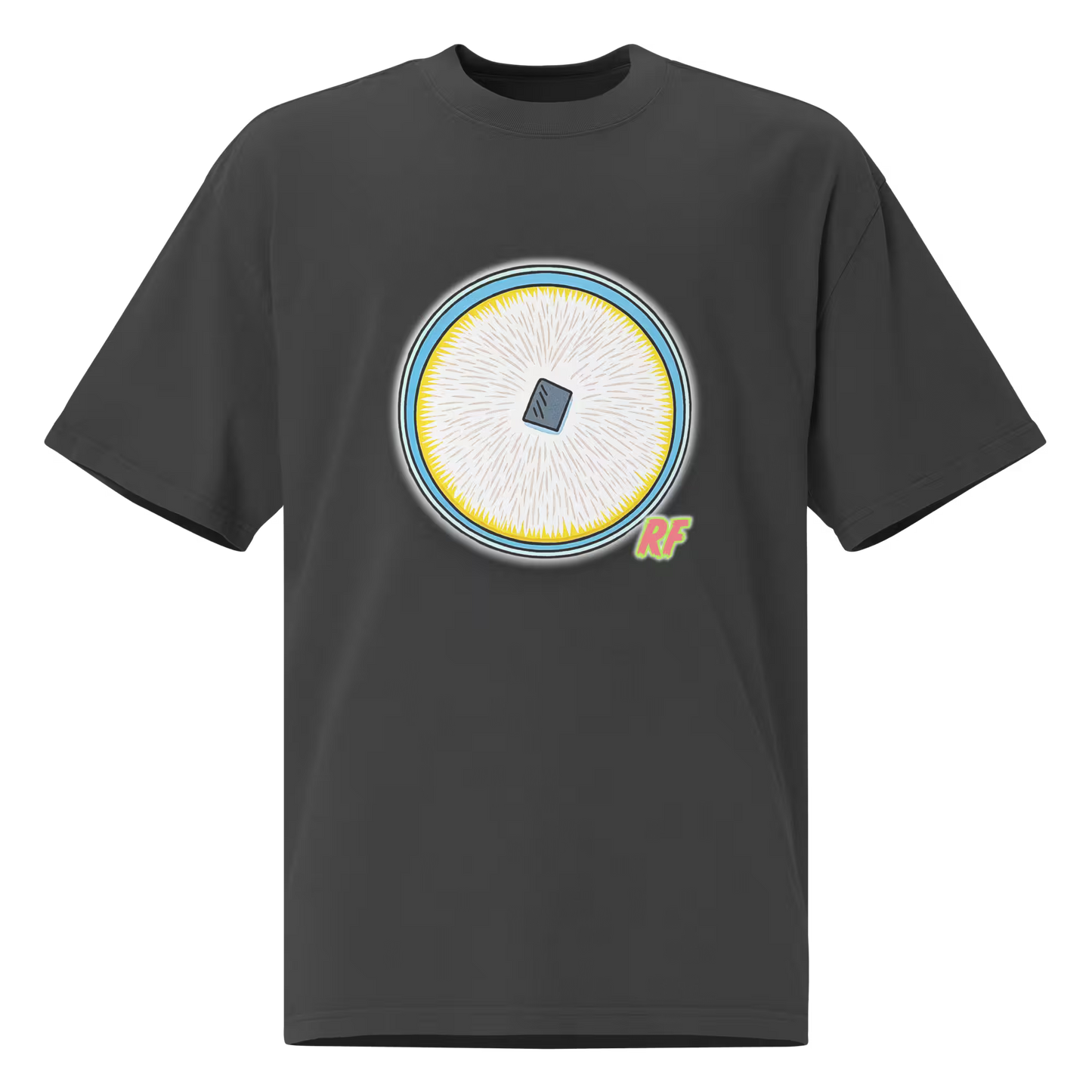 cartoon fully colonized agar culture plate with white mycelium printed on oversized faded t-shirt