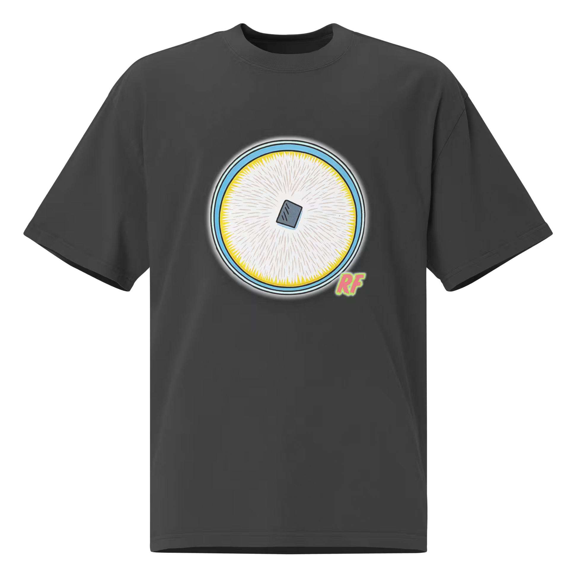 cartoon fully colonized agar culture plate with white mycelium printed on oversized faded t-shirt