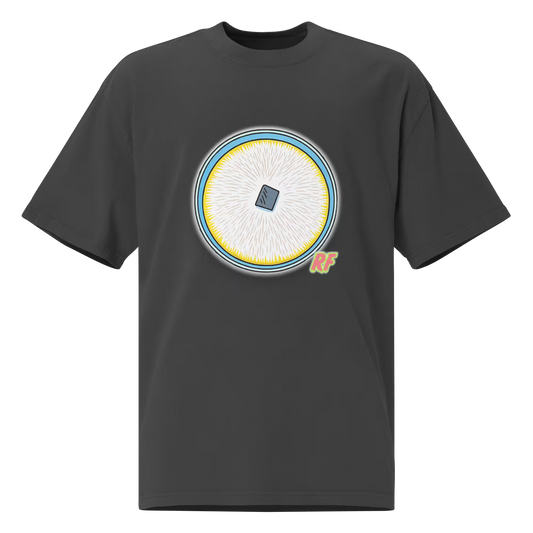 cartoon fully colonized agar culture plate with white mycelium printed on oversized faded t-shirt
